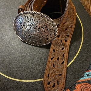 Tony Lama Brown Leather Belt with Ornate Silver Buckle
